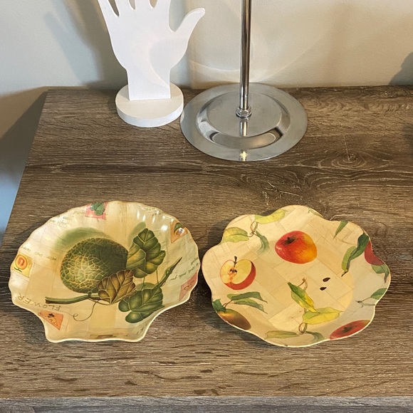 Source Unknown Other - Bamboo Fruit Floral Apple Design Scalloped & Shell Plates 7.75” Set of 2
